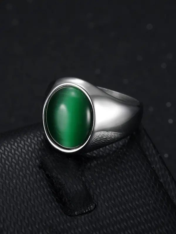 Simple Round Shaped Artificial Gemstone Decor Stainless Steel Ring, Punk Men's Stainless Steel Multi Size Ring, Party Accessories 3
