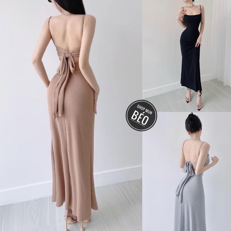 Đầm 2 dây buộc nơ lưng có mút ngực chất thun gân xương cá thích hợp mặc đi tiệc đi làm đi chơi
