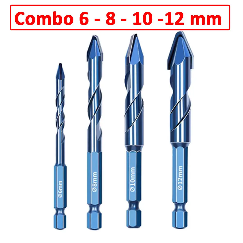 Bộ 4 Mũi Khoan Lệch Tâm Đa Năng Chuyên Gạch Men Cứng Độ Cứng HRC 40 Mũi Khoan Đa Năng Khoan Gạch Men Tường Bê Tông