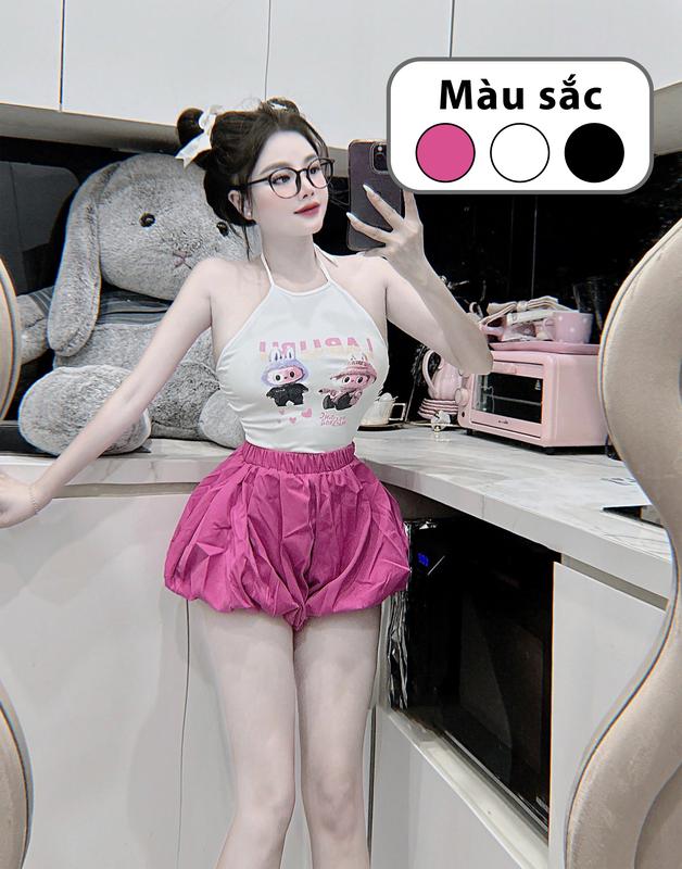 Set áo yếm dây có mút đệm hoạt hình kèm Quần bí ngô phồng Nữ Women Kem Thun Top đùi