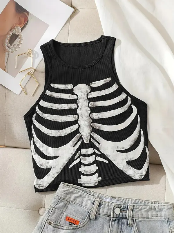 Women's Skeleton Print Round Neck Tank Top, Summer Clothes Women, Fashion Casual Crew Neck Sleeveless Top For Daily Holiday Vacation, Ladies Summer Clothes 6