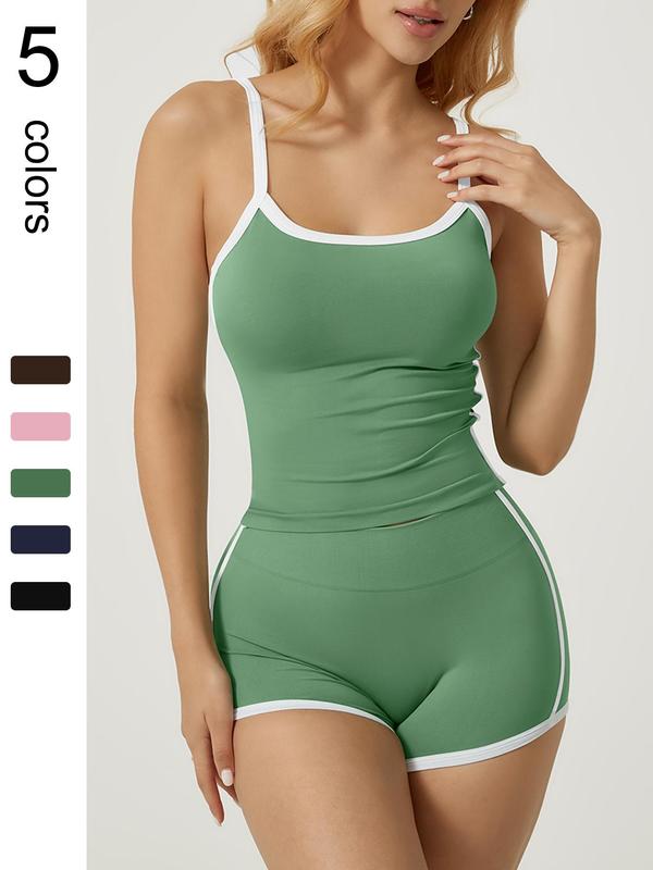 Women's Contrast Binding Cami Top & High Waist Shorts Loungewear Two-piece Set, Casual Comfy Cami Top & Shorts Pj Set, Ladies Summer Sleepwear 4