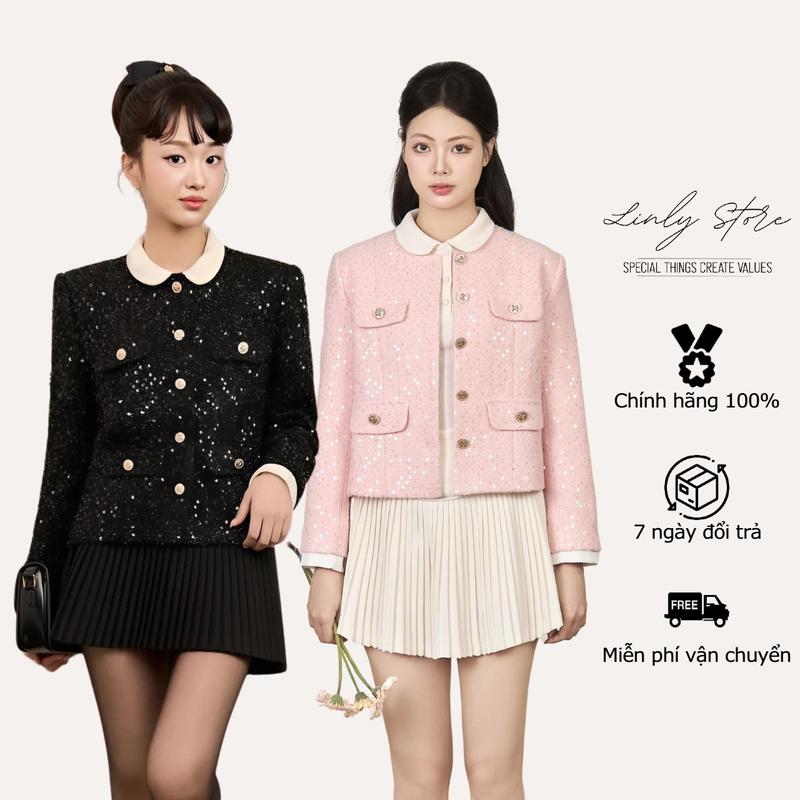 Set áo vest kiểu nữ chất dạ tweed kim sa đen, chân váy xếp ly Linly Store