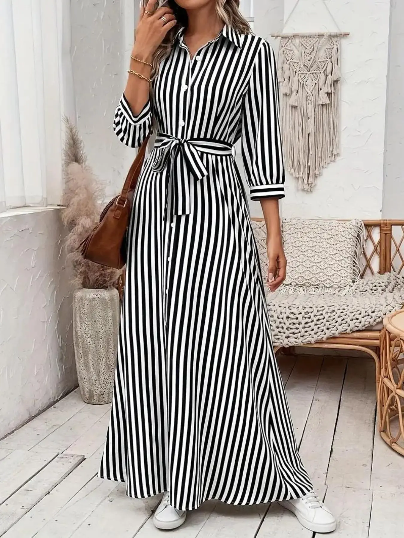 Women's Striped Print Button Front Belted Shirt Dress, Casual Long Sleeve Collared Maxi Dress for Fall, Ladies Clothes for Daily Wear
