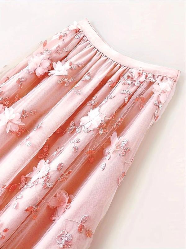 Women's Flower Appliques High Waist Tulle Skirt, Elegant A-Line Midi Skirt For Party Holiday Vacation, Ladies All Seasons Clothes, Womenswear 9