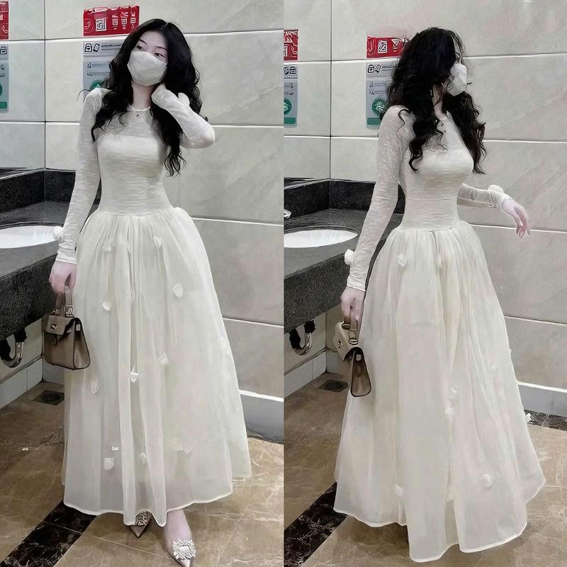 V1958 Đầm Nữ Thiết Kế EMME Ren Mền Tay Đính Nơ Cổ Tròn Form Váy Bồng Xòe Đính Hoa Cách Điệu Dáng Dài - Thanh Tự