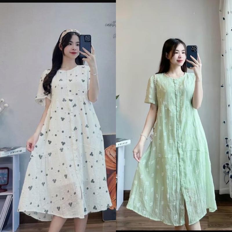 váy bầu hoa nhí 2 màu dáng babydoll cổ tròn tay ngắn váy 2 lớp đũi nhăn mềm mát