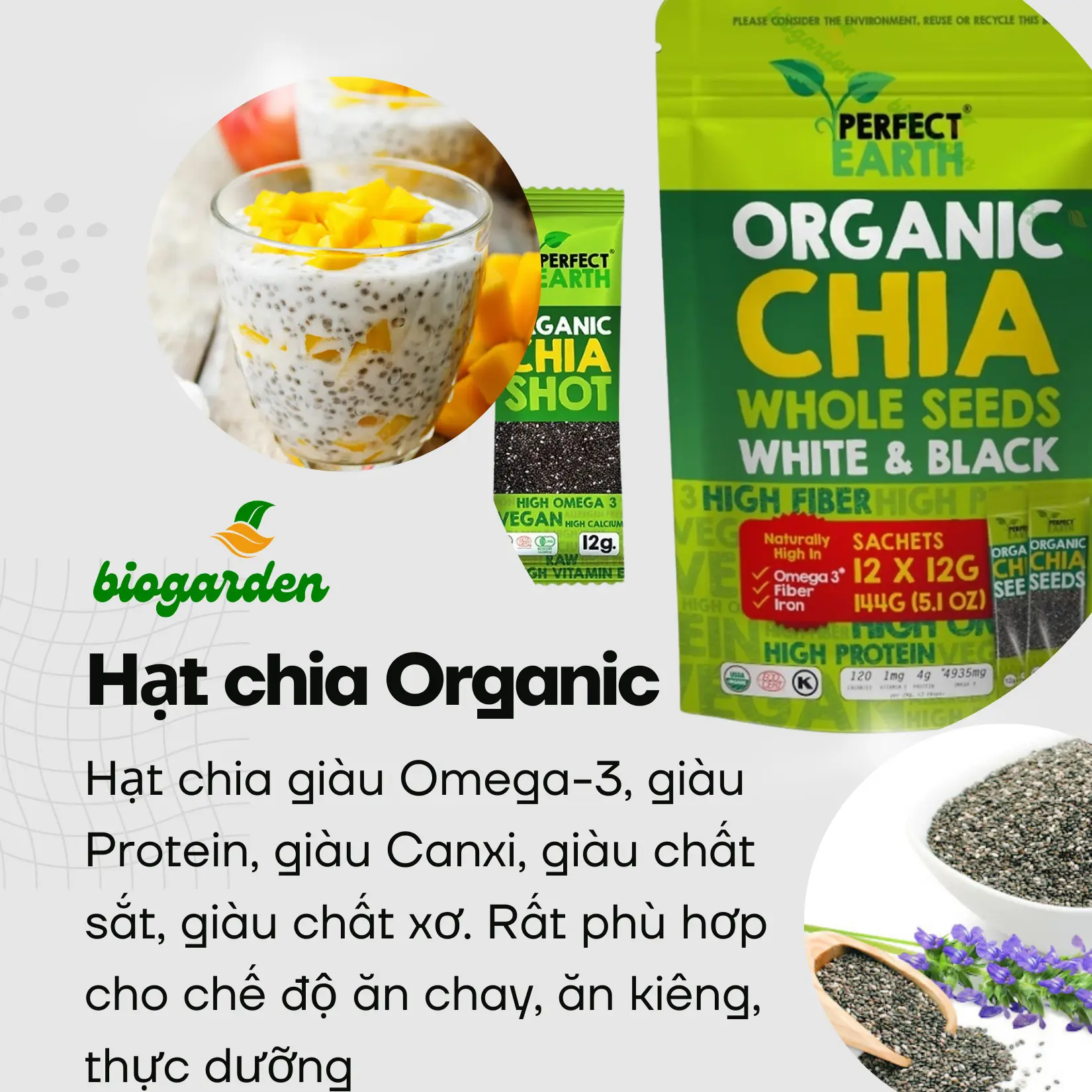 Hạt Chia Hữu Cơ ChiaSeed 144gr (12 gói lẻ) Perfect Earth Organic - Ăn Chay -  Ăn Kiêng - Ăn Thực Dưỡng - BioGarden