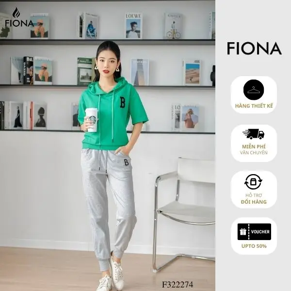 Bộ Áo nỉ cotton có mũ thêu chữ B FIONA F522159 - F322274 - Nữ, Top