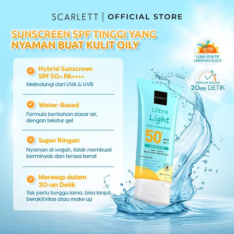 Oily Skin Friendly Scarlett Whitening Ultra Light Daily Sunscreen SPF 50+ PA++++ [Water Based] Meresap 20an Detik (Super Ringan) dengan 7X Ceramide 9X Hyaluronic Acid & No Whitecast Sunblock Wajah 5