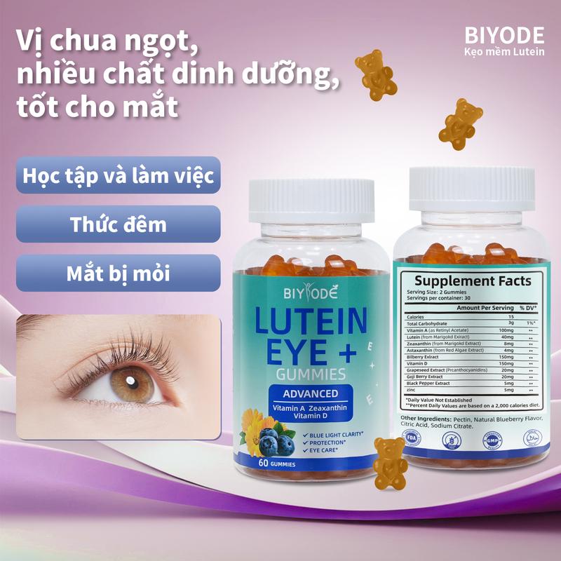 BIYODE Kẹo dẻo Lutein làm giảm triệu chứng mỏi mắt và khô mắt. Kẹo dẻo lutein hương việt quất bảo vệ mắt, lọ 60 viên, rất giàu vitamin và làm sáng mắt.