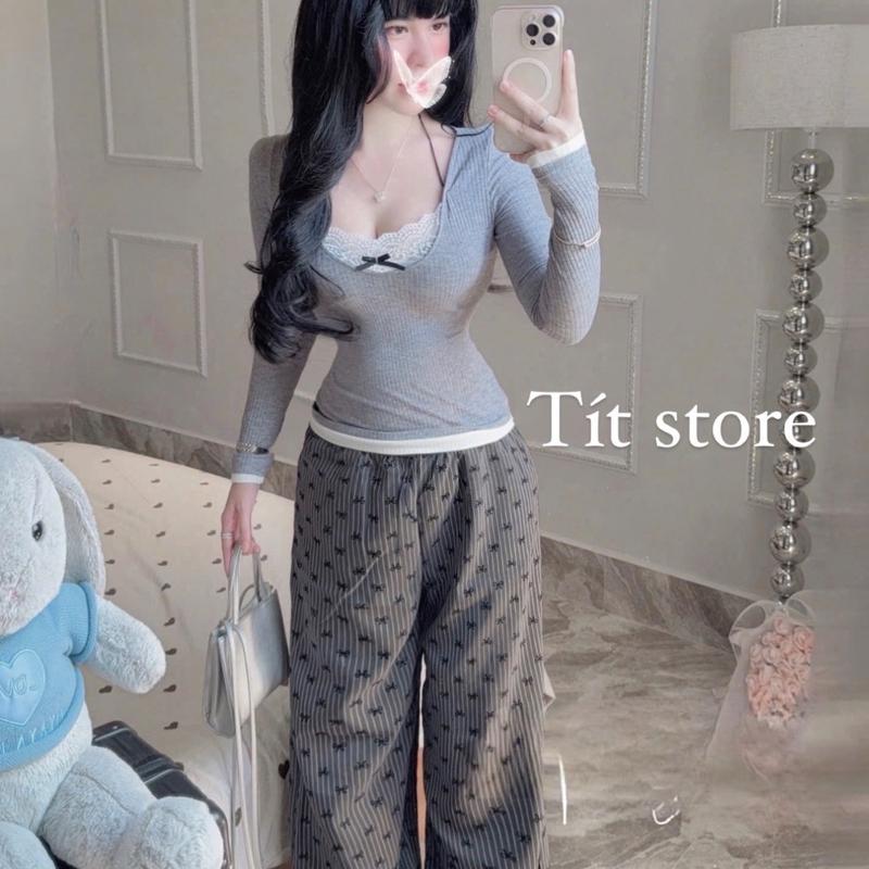 Set Áo Tay Dài Xám Phối Ren Trắng Viền Trắng Kèm Quần Suông In Nơ Mini - Nữ Women Top-X49 5