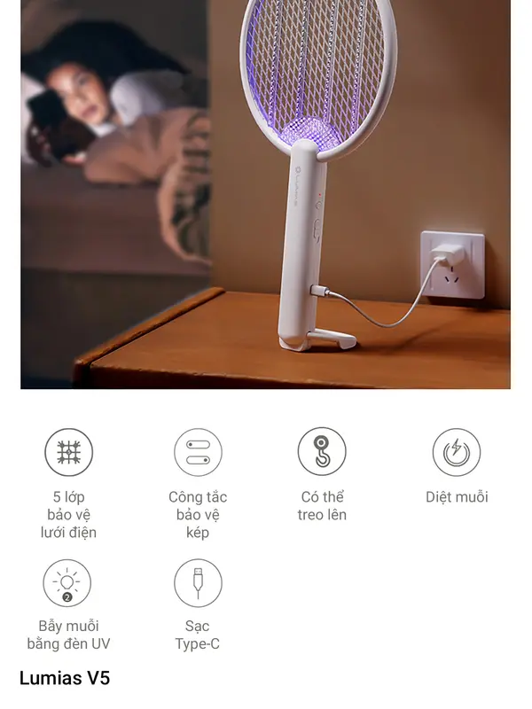 Vợt muỗi có đèn UV Lumias V5 - Lưới bảo vệ 5 lớp vot muoi 5