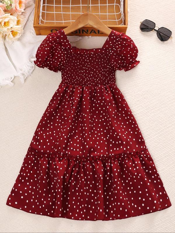Girl's Polka Dot Print Dress, Casual Puff Sleeve Square Neck Dress for Summer, Kids Clothes for Daily Wear 1
