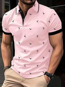 Men's All Over Flamingo Print Polo Shirt, Regular Fit Casual Fashion Comfy Short Sleeve Button Collar Top for Summer, Men's Clothes for Daily Wear