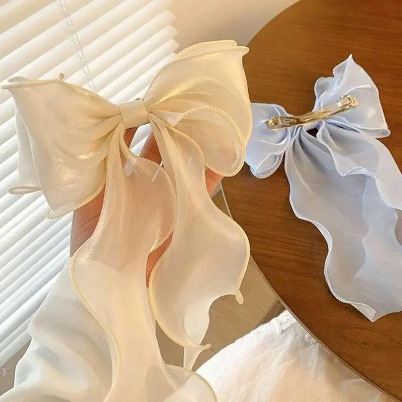 Sweet Chiffon Girls Blue Shining Satin Bowknot Hair Clips Ribbon Bow Barrette Hairpin Grip Ponytail Clip Headwear