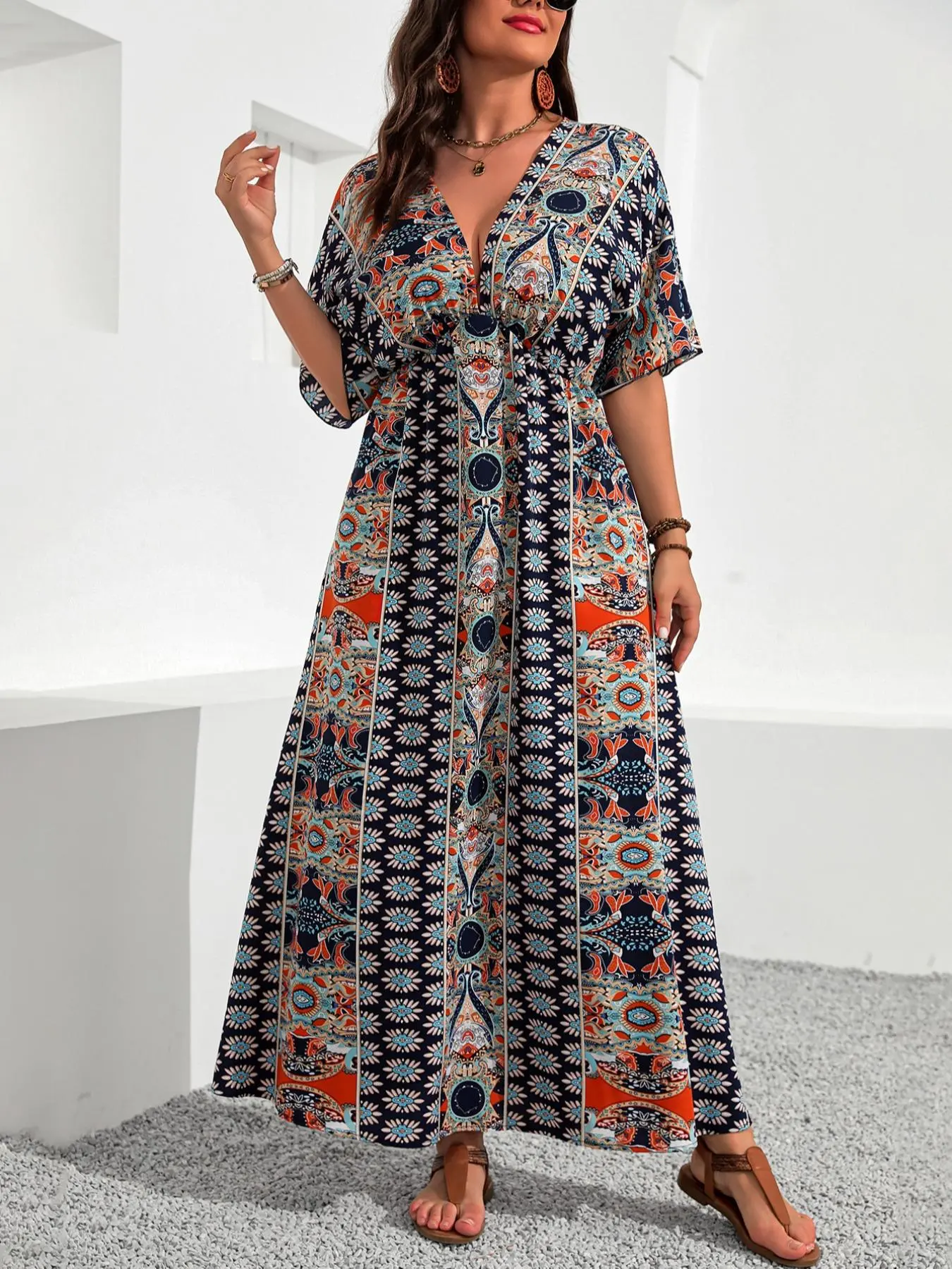 Plus Size Ethnic Pattern Ruched V Neck Dress, Boho Casual Floral Print Half Sleeve A Line Ladies Dresses for Summer, Women's Clothes for Beach Holiday Vacation, Long Dresses, Womenswear