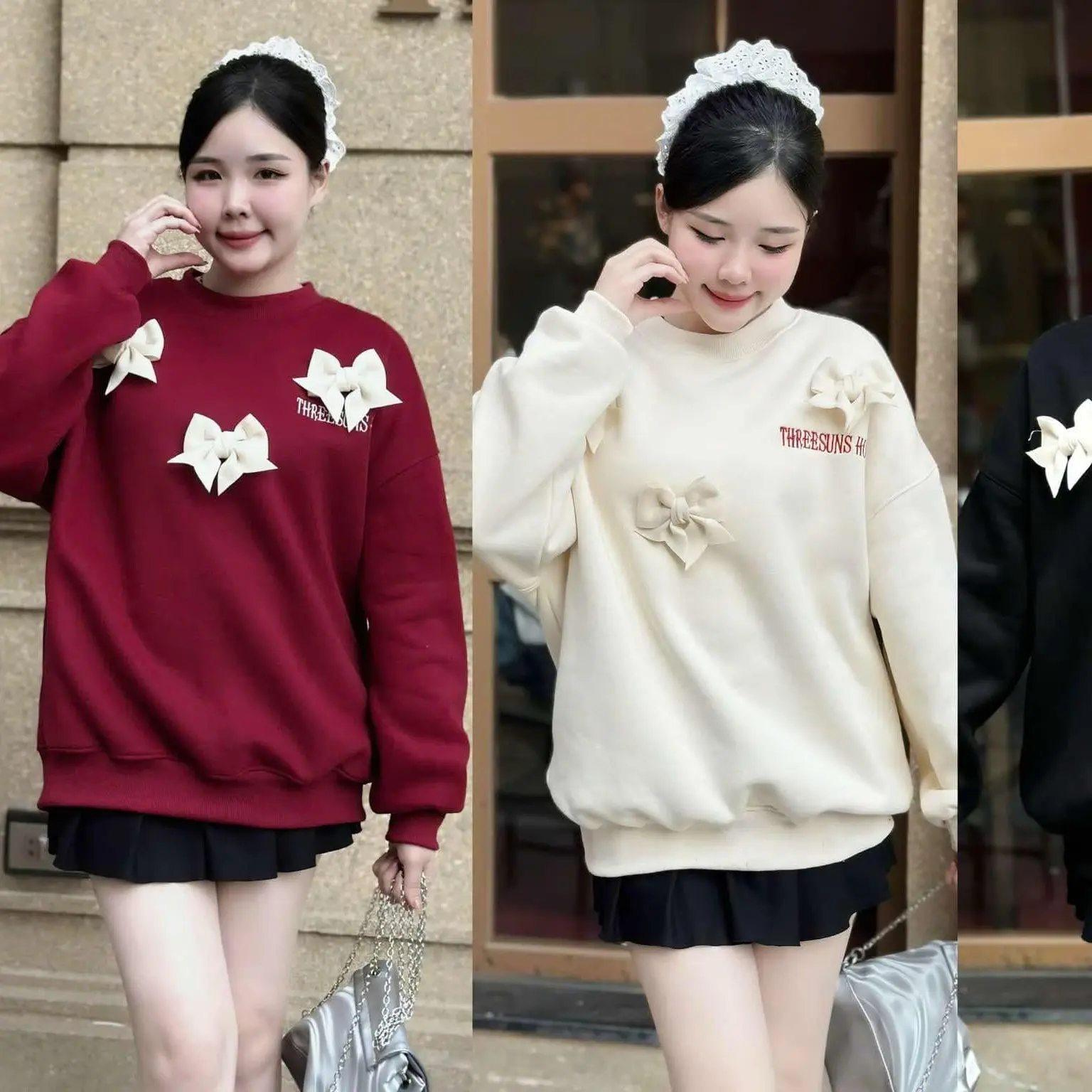 Áo Nỉ  Swt thêu gắn Nơ + chất nỉ bông dầy dặn from rộng Nam Nữ  unisex Dài Tay Menswear Hoodie Top