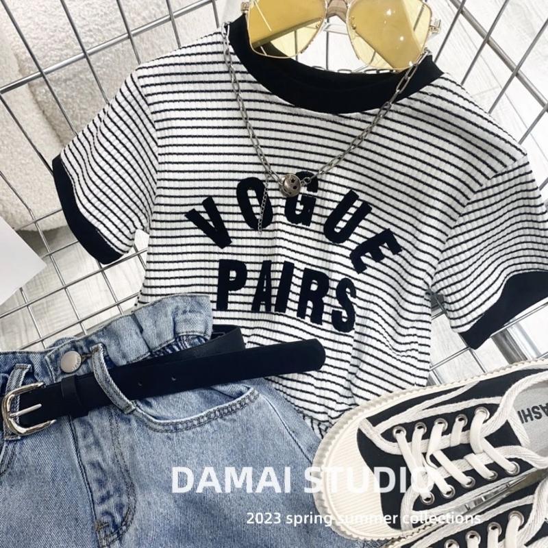 Trang Phục Mùa Hè Cho Bé Gái, Áo Phông Thời Trang Có Thêu Chữ, Quần Short Denim Rách Họa Tiết Sọc, Bộ Đồ Hai Mảnh Sành Điệu, Hợp Xu hướng 8