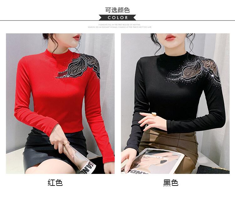 Product Introduction of Áo Sơ Mi Cơ Sở Cotton, Phong Cách Châu Âu, Dài Tay, Cổ Tròn, Thiết Kế khoét Ren Và Kim Cương Giả Màu Đỏ, Thời Trang, Thích Hợp Cho Mùa Xuân Và Mùa Hè, Áo Thun Nữ Đẹp, DL, Xu Hướng 2025 4