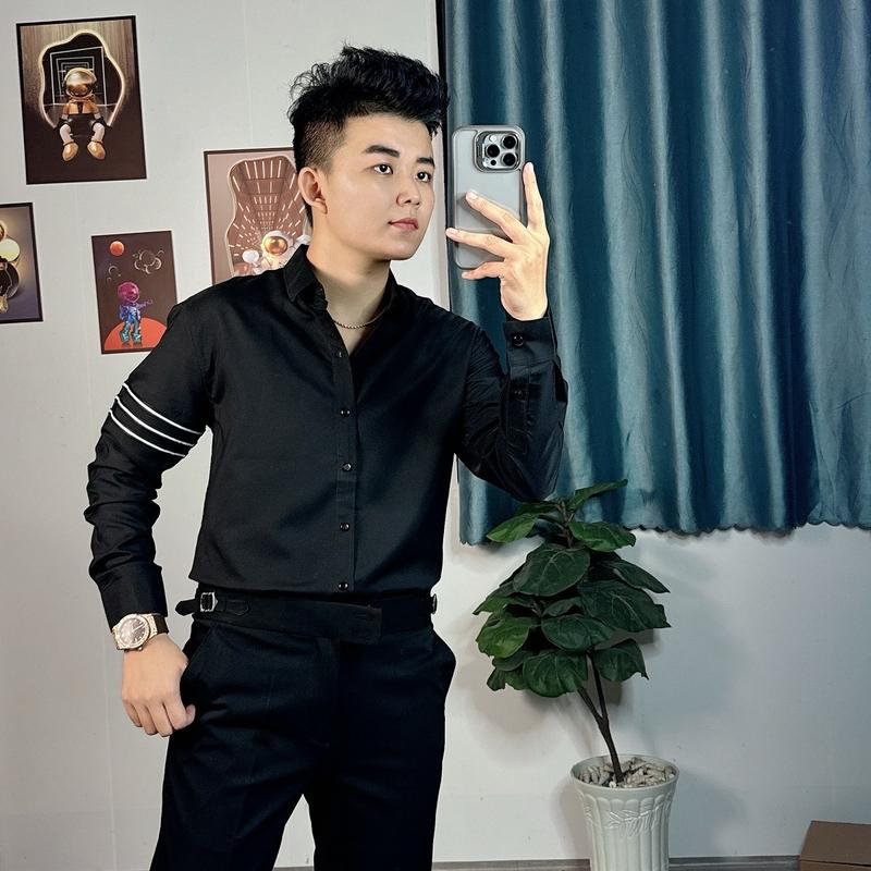 Áo Sơ Mi Lụa Cao Cấp Thom Mix Sọc Tay Thêu, Áo Sơ Mi Nam Menswear