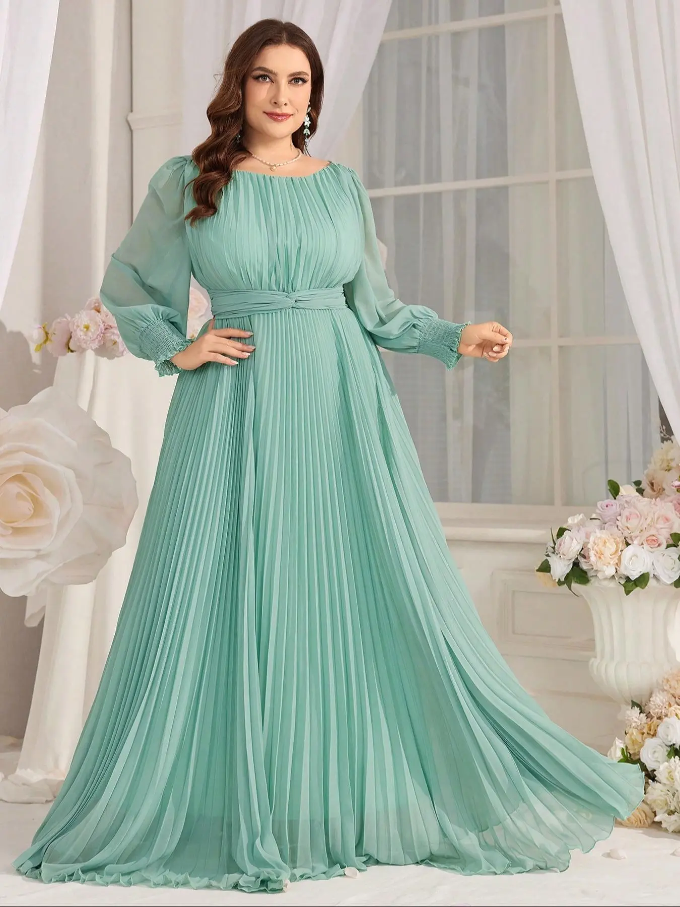 【Plus Size】 Plain Twist Front Pleated Chiffon Dress, Elegant Bishop Sleeve Round Neck A Line Dress for Party Wedding Guest, Women's Clothes for Spring & Fall