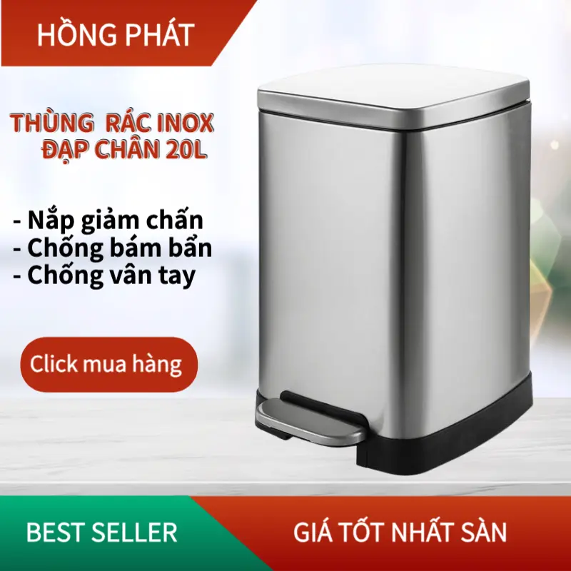 Thùng rác inox đạp chân 20L giảm chấn chống bám vân tay bền chắc/ Indoor trashbin/ VHP-YS- B-105B thủ ng