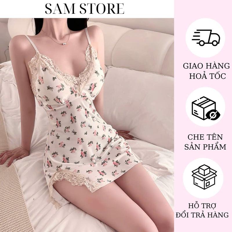 Đầm Ngủ Hai Dây Hoạ Tiết Nhỏ Dễ Thương Phối Nơ, Váy Body Phối Ren Nhẹ Nhàng, Gợi Cảm, Quyến Rũ, Freesize <55kg 0
