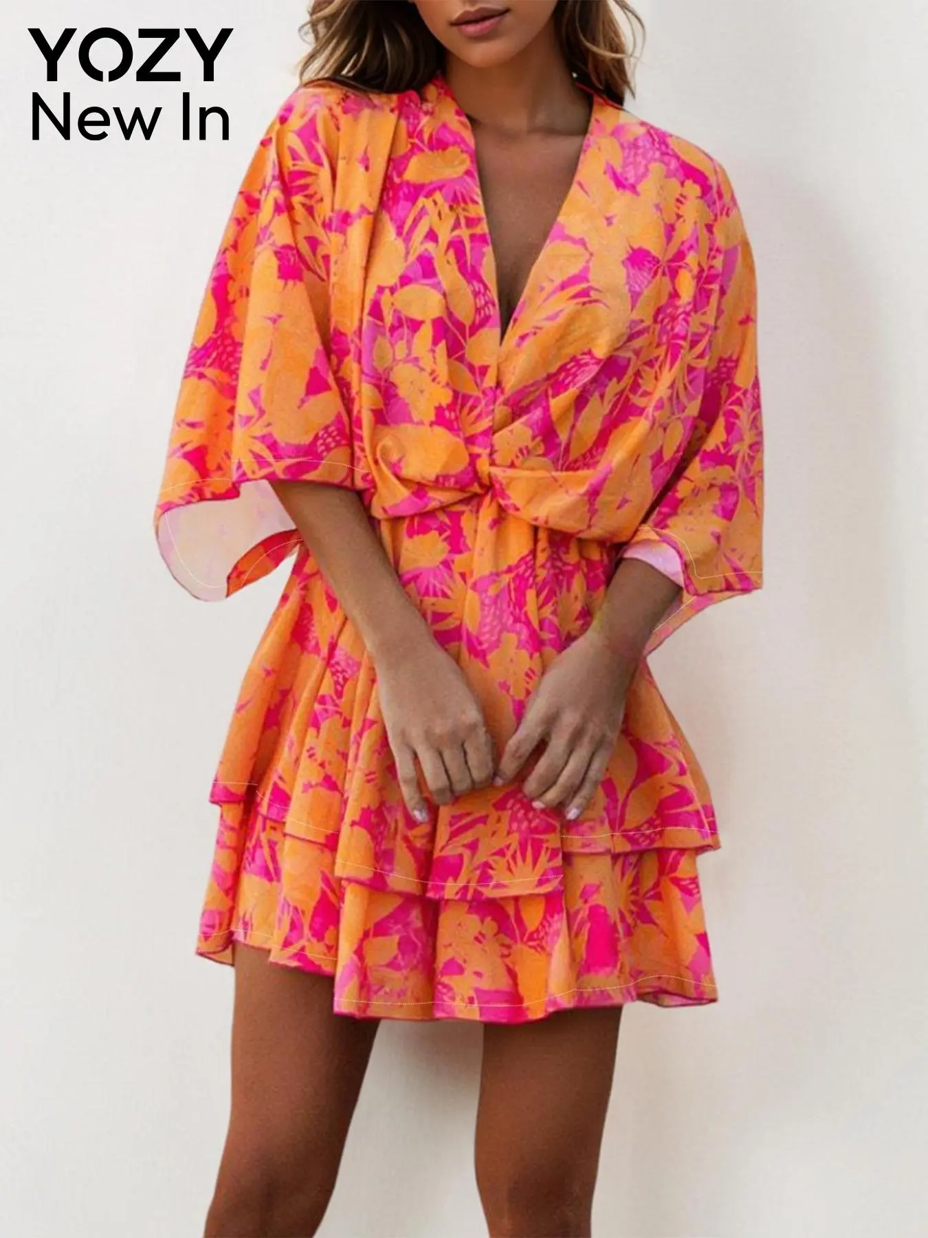 YOZY Women's All Over Print Tiered Layer Dress, Casual V Neck Short Dress for Summer, Ladies Clothes for Beach Holiday Vacation