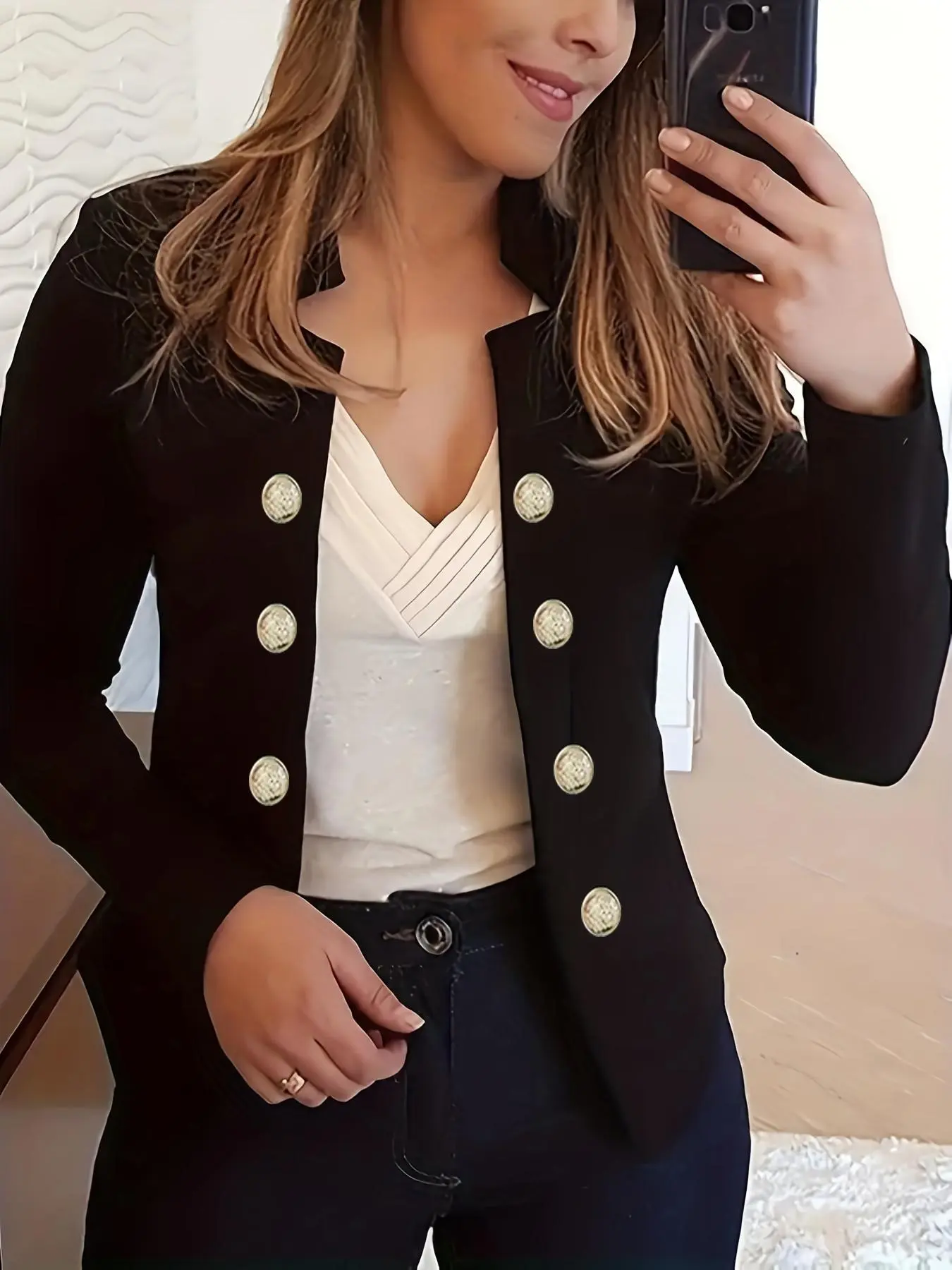 Women's Solid Double Button Coat, Casual Long Sleeve Outerwear for Spring & Fall, Ladies Clothes for Daily Wear