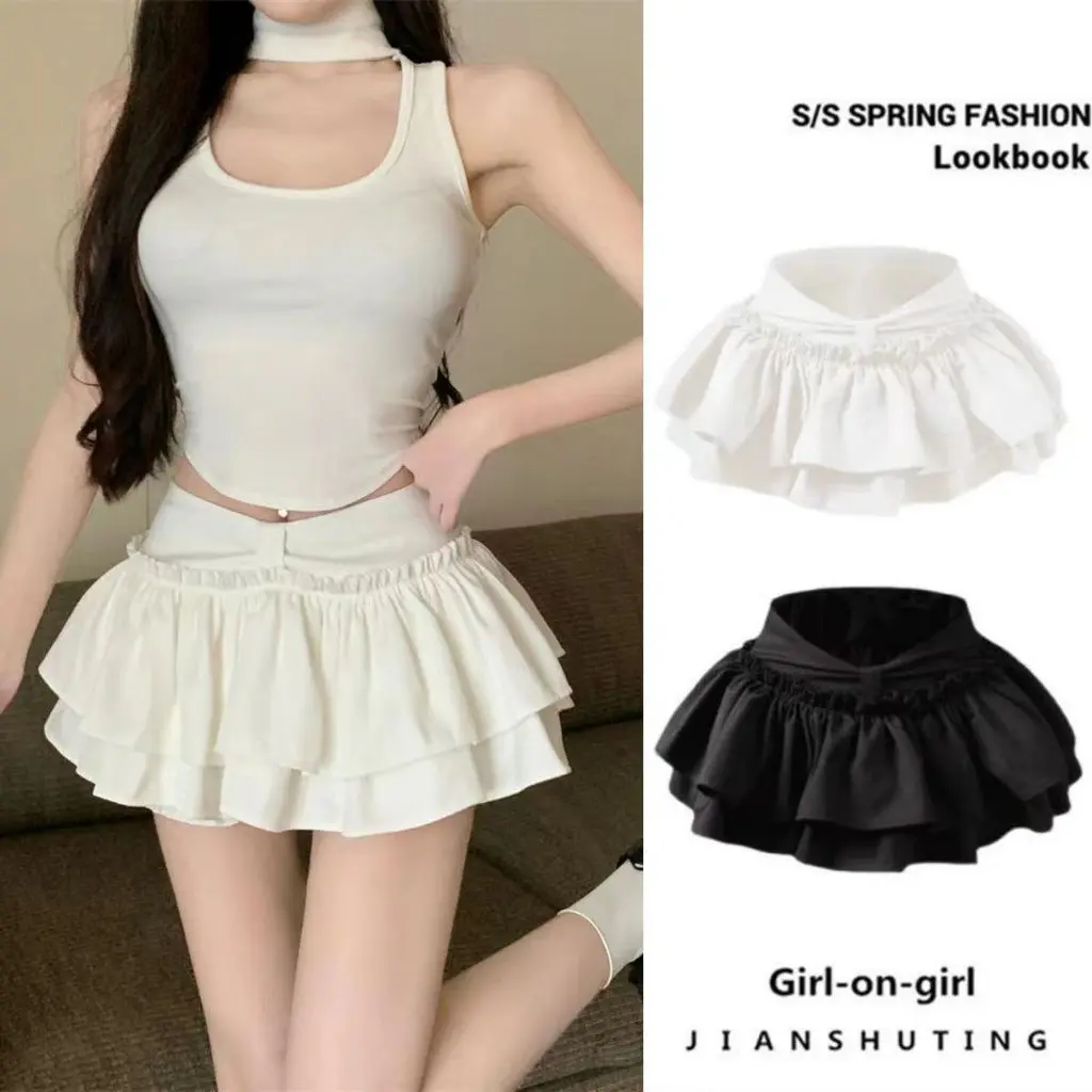 Pure Desire Ballet Style Hot Girl Bubble Skirt Women's High Waist A- line Cake Dress Anti-Exposure Small Miniskirt Pant Belt Headband Casual Womenswear Batik Bottom