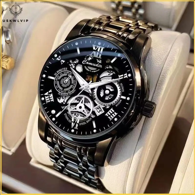 Swiss Automatic Date Men Watch Waterproof Original Steel Belt  Fashion Watch Man Mechanical Hollow Out Quartz Movement Watch Relo For Men