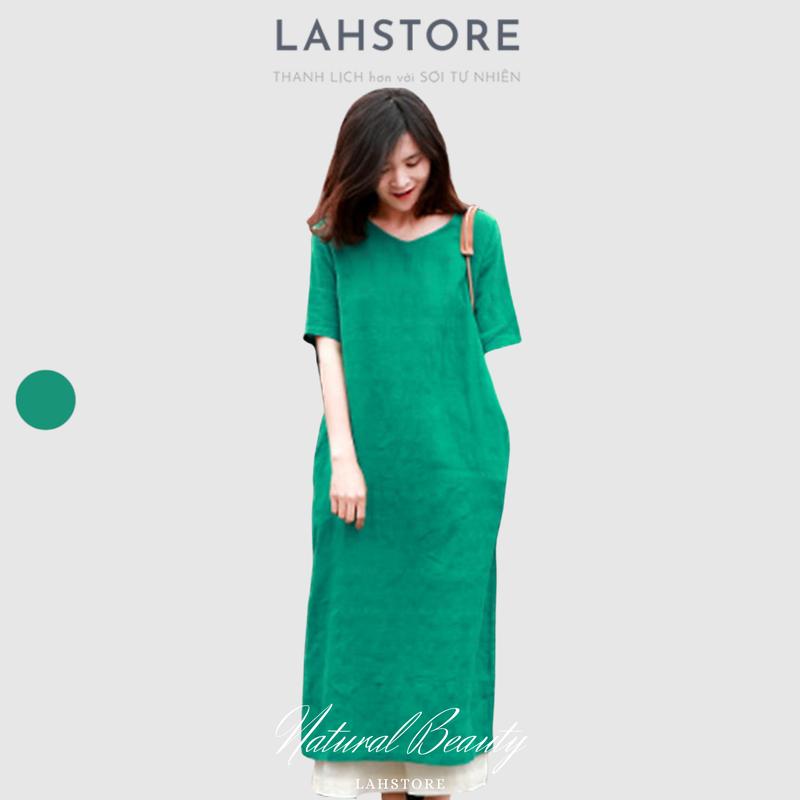 Đầm suông linen giấu bụng LAHSTORE tay lỡ, 2 cổ tim (Xanh) Nữ Dress