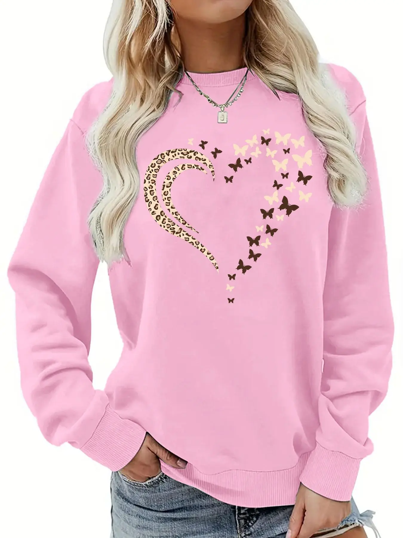 Women's Butterfly & Heart Print Drop Shoulder Sweatshirt, Casual Long Sleeve Round Neck Pullover for Fall & Winter, Ladies Clothes for Daily Wear Valentine's Day, gift