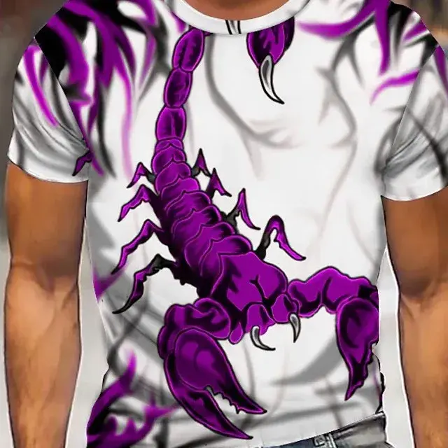 Casual short sleeved round neck 3D printed T-shirt with scorpion animal pattern men's summer fashion top