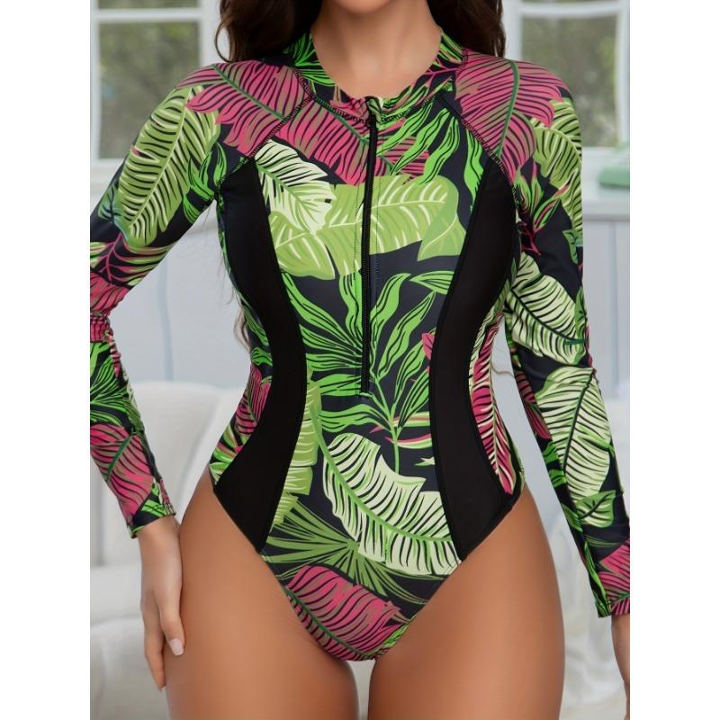 Leaf Print One-piece Swimsuit, Sun Protective Long Sleeves Half Zipper Surfing Water Sports Swimsuit, Women's Swimwear & Clothing 4