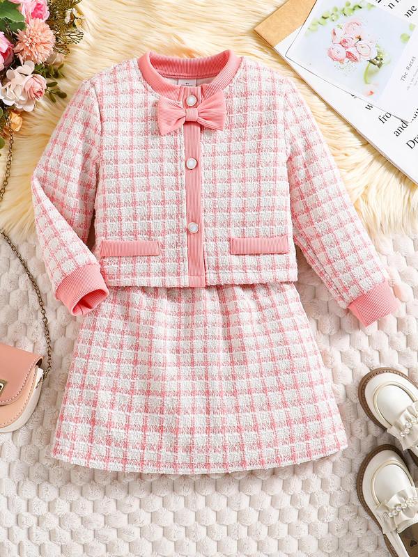 Two-piece Set Toddler Girl's Plaid Button Front Outerwear & Skirt Set, Elegant Long Sleeve Round Neck Knit Top & High Waist Skirt, Kids Spring & Fall Clothes 0