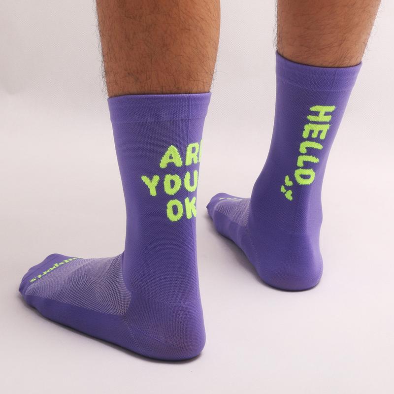 'Are you ok' Trendy men cycling socks Compression mid cut sports crew socks MTB Road Bike bicycle socks Breathable Comfortable 0