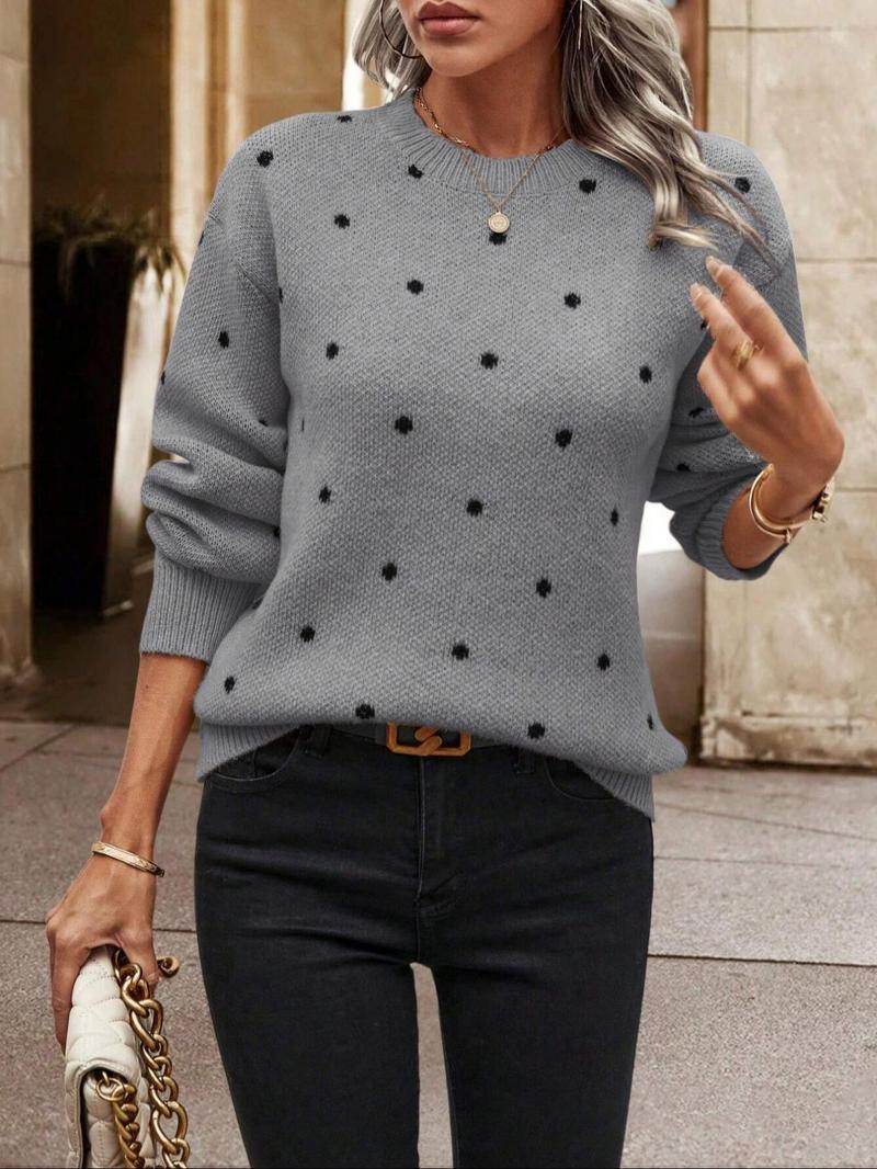 Product Introduction of Women's Polka Dot Print Drop Shoulder Longsleeves Crewneck Sweater, Long Sleeve Round Neck Jumper for Fall & Winter, Fashion Ladies' Knitwear for Daily Wear, Comfort Lady Tops, Casual Womenswear,  Modest Outfits 9