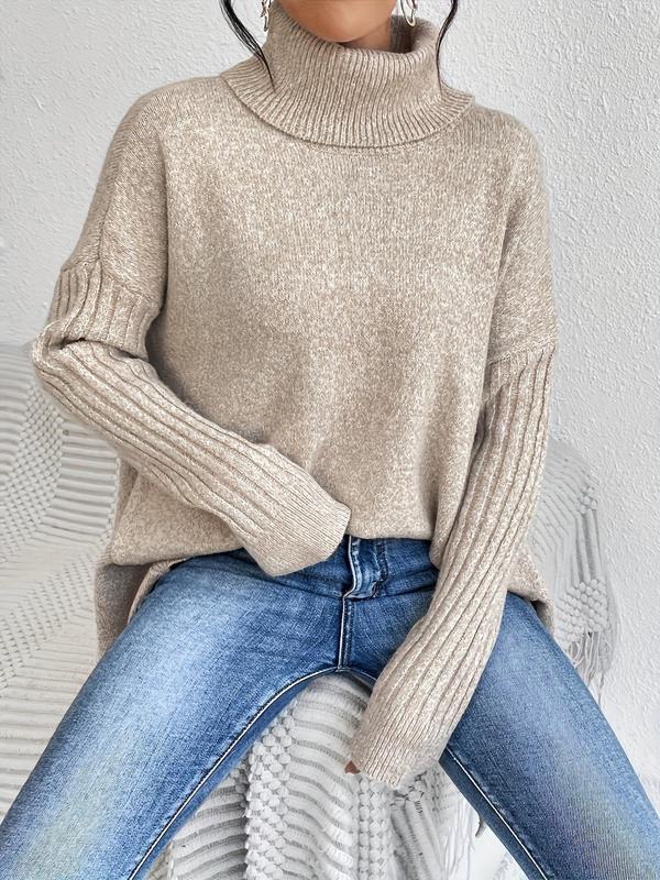 Women's Plain Asymmetrical Hem Turtleneck Sweater, Casual Long Sleeve Drop Shoulder Jumper for Fall & Winter, Women's Knitwear for Daily Wear 4