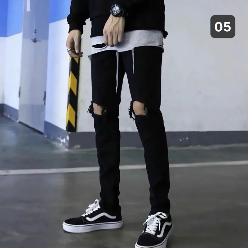 Quần jeans nam 69 rách gối màu xanh rêu, chất liệu bò co giãn thời trang cao cấp NấmStore form skinny mới Menswear Có Túi Pants 8