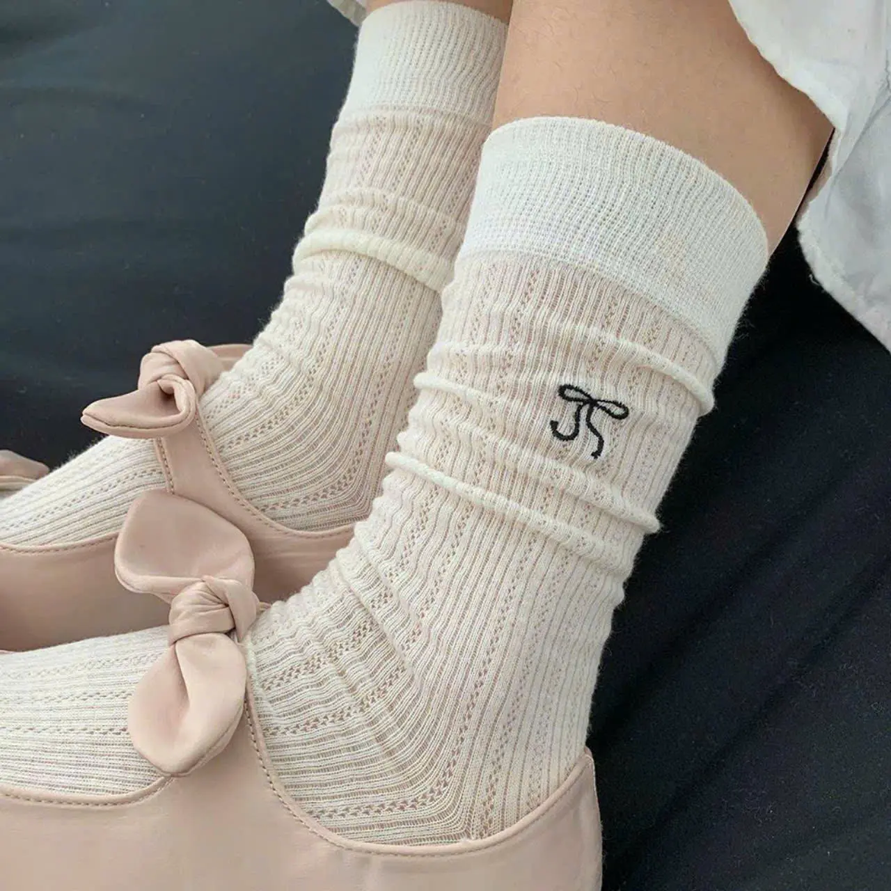 Túi 10 đôi tất, vớ cao cổ gân tăm in nơ phong cách trẻ trung năng động