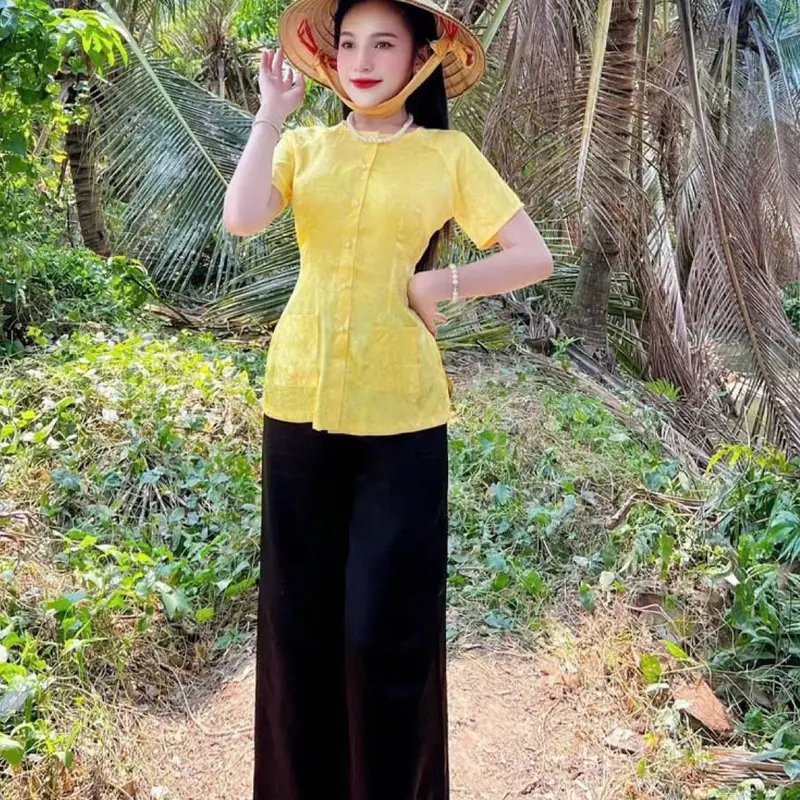 Bộ Quần Áo Bà Ba Gấm Tay Ngắn Cổ Tròn Có Túi Áo Women Top Thun áobà 4