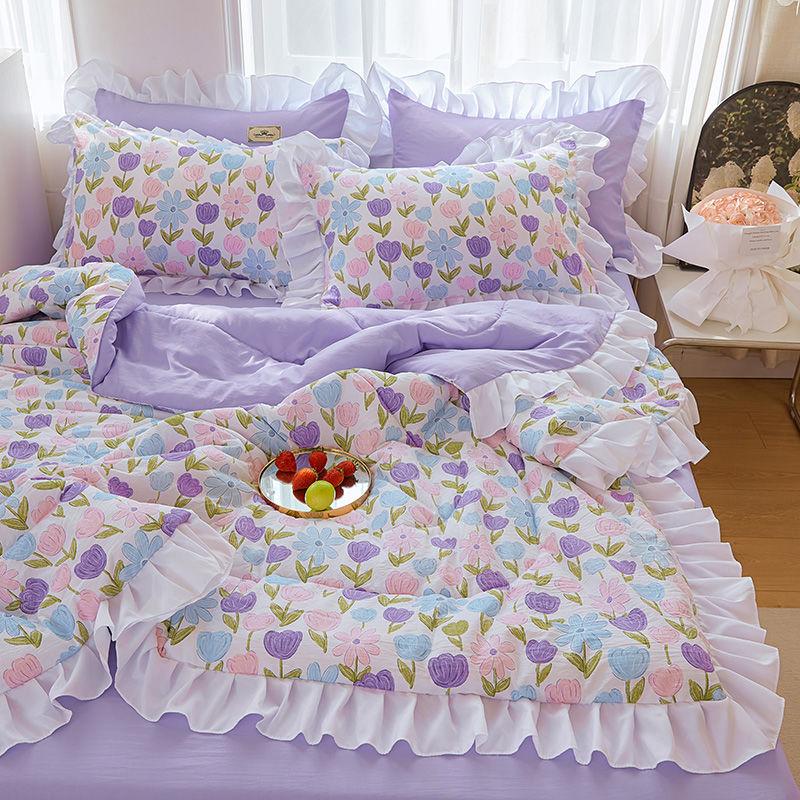 Chăn Mùa Hè Phong Cách Hàn Quốc, Bộ Bốn Mảnh, Vỏ Thoáng Khí, Ren, Cotton Giặt, Chăn Mùa Hè, Có Thể Giặt Bằng Máy, Đơn, Đôi, Ký Túc Xá, Chăn Mỏng