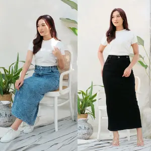 Pg Jeans - Theana Rok Jeans Skirt Panjang Wanita Stretchy Korean Kancing Karet Belah Belakang