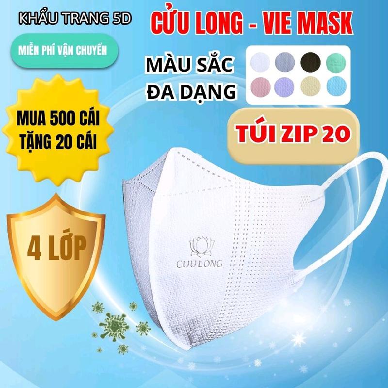 500Cái (tặng 20 cái) 4 LỚP Cửu Long VIE Mask Túi Zip 20cái/túi Khẩu Trang 5D Kháng Khuẩn   khautrang  daydep
