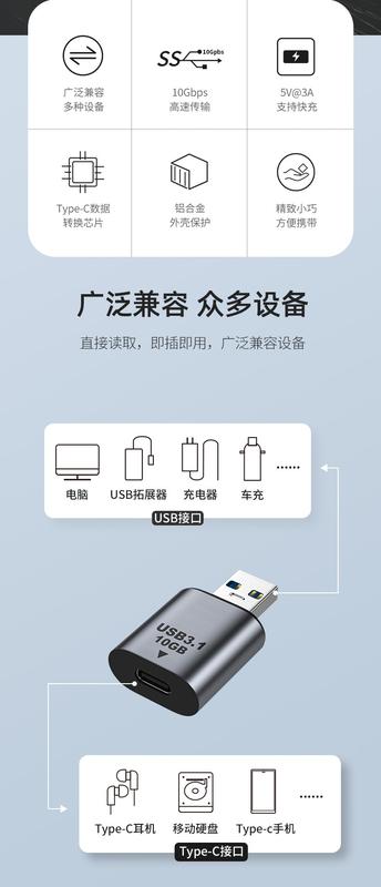 Product Introduction of TYPE-C to Usb3.1 Female Interface Adapter High-Speed Transmission Audio and Video Charging Data Converter 10Gbps 1