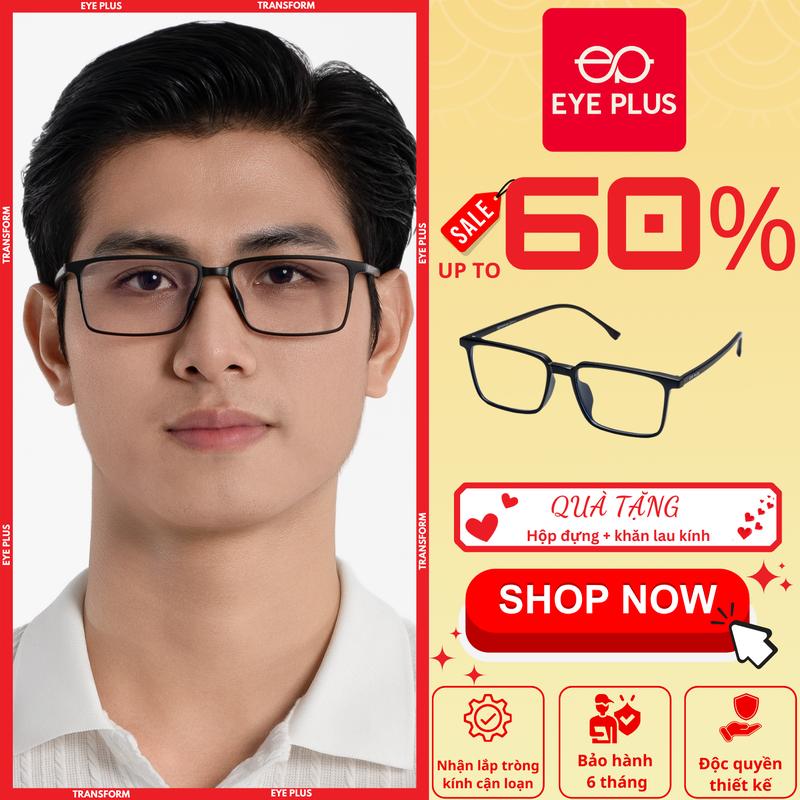 Kính Cận Đọc Sách Chống Ánh Sáng Xanh Dáng Chữ Nhật Nam Nữ 7008 Eye Plus Gọng Kính Nhựa TR90 Mềm Dẻo, Kính Mắt Kiểu Dáng Thời Trang Unisex Hiện Đại