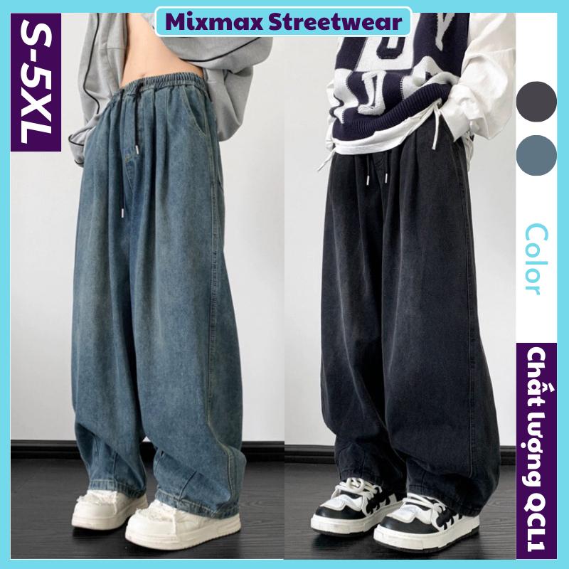 ￼[SẴN-CÓ BIG SIZE] Quần bò jeans ống rộng wash form baggy oversize chiết gấu Nhật Bản màu retro cạp chun hiphop có big size đi học đi chơi siêu chất Street King Jean