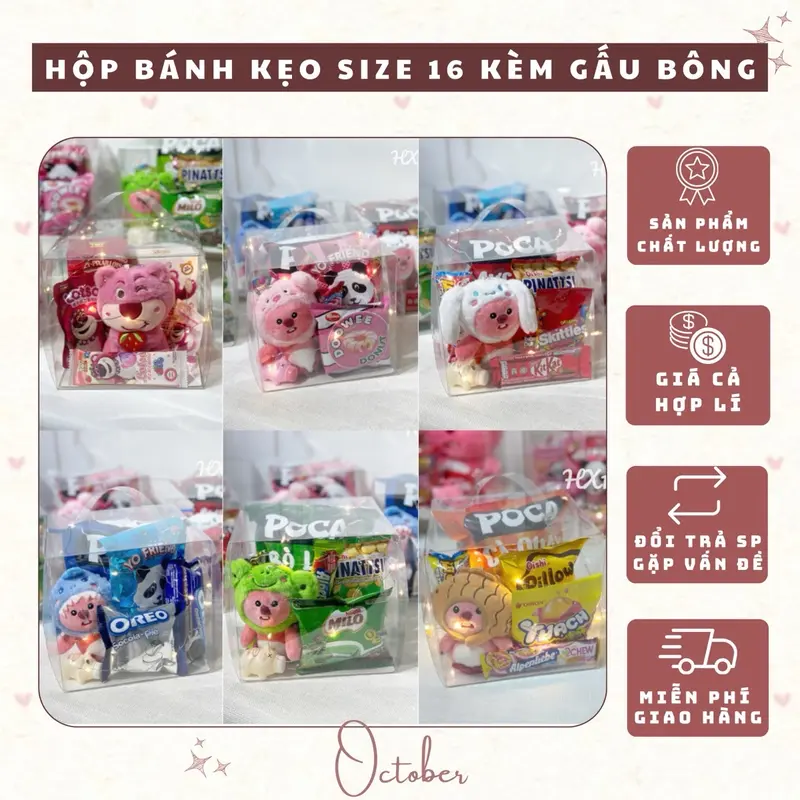Hộp Trong Suốt Bánh Kẹo Móc Gấu Bông Loopy Theo Tone Màu Kèm Đèn Led - Quà Sinh Nhật. Quà Tặng Người Yêu (Size 16x16x16) 0